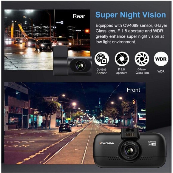 EACHPAI K200 Pro 4K Dash Cam Dual Front & Back Camera UHD WiFi Night Vision GPS - Picture 6 of 16